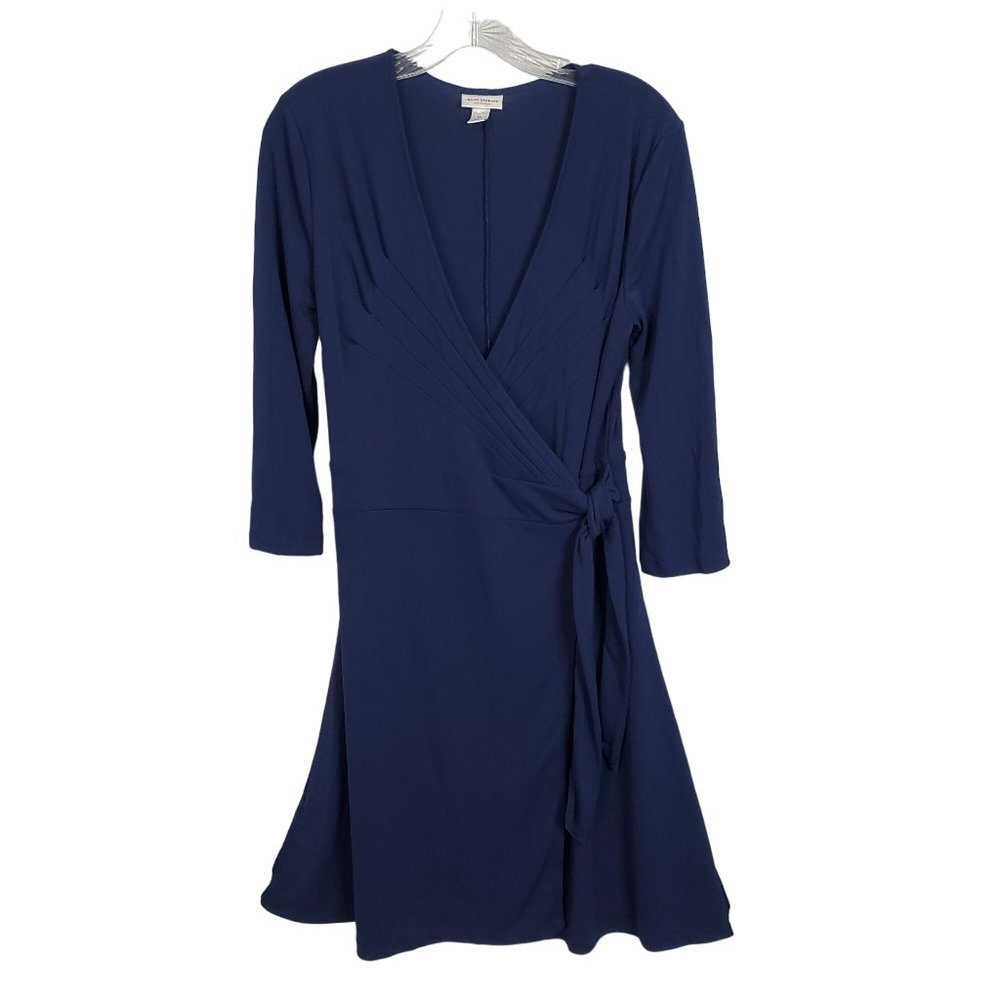 Isaac Mizrahi Target Sz M Dress Wrap Midi Flowy Knit Ribbon Tie Long Sleeve Blue